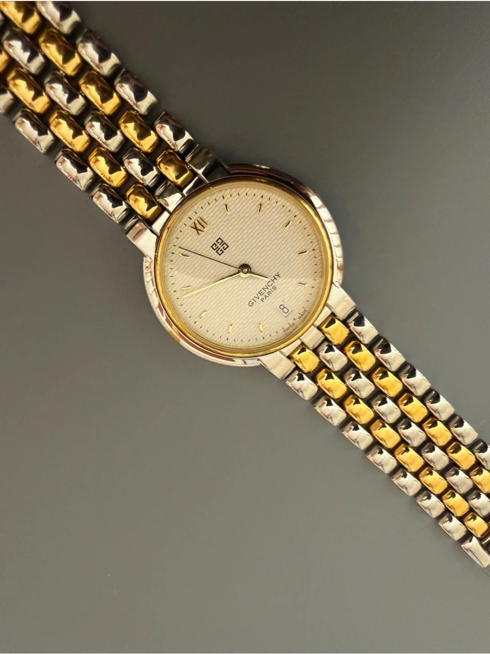 Vintage Givenchy Paris Two Tone Gold & Silver Swiss Quartz Dress Watch 32mm